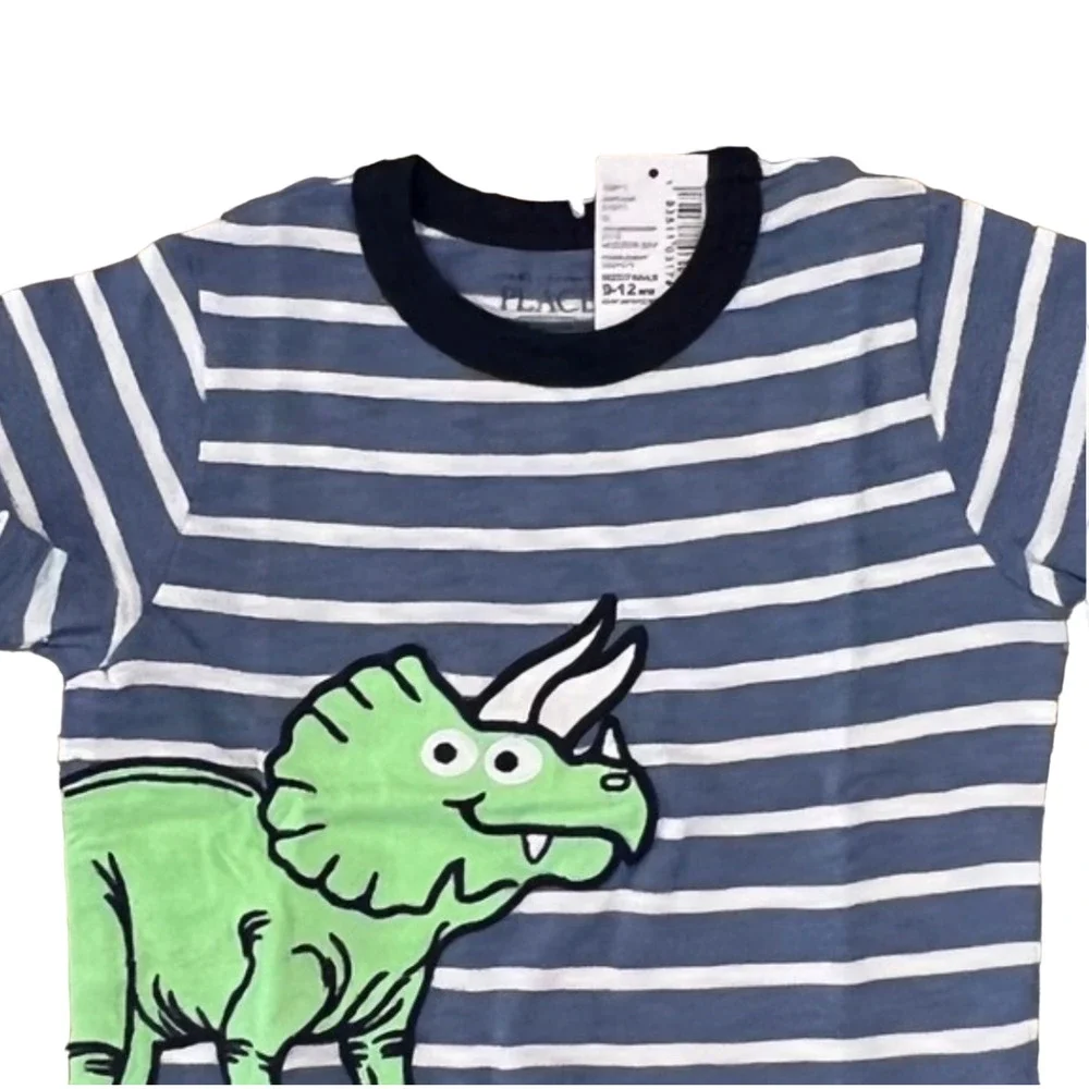 NWT Children's Place Blue & White Stripe W/Embroidered Dinosaur Tee -